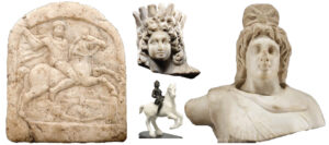 Plaque au « Cavalier thrace » volée au musée de Razgrad en 1996 (plateforme de vente en 2020, DAO D. Fellague) et trois sculptures d’Alexandre le Grand exposées au musée de l’IBO, de 2009 à 2016 (cavalier : cliché Bonhams, 28 nov. 2019, lot 113, DAO D. Fellague ; Alexandre Helios : Bonhams, 28 nov. 2019, lot 101, DAO D. Fellague ; Alexandre Helios Cosmocrator : Christie’s, 5 oct. 2000, lot 45, DAO D. Fellague).
